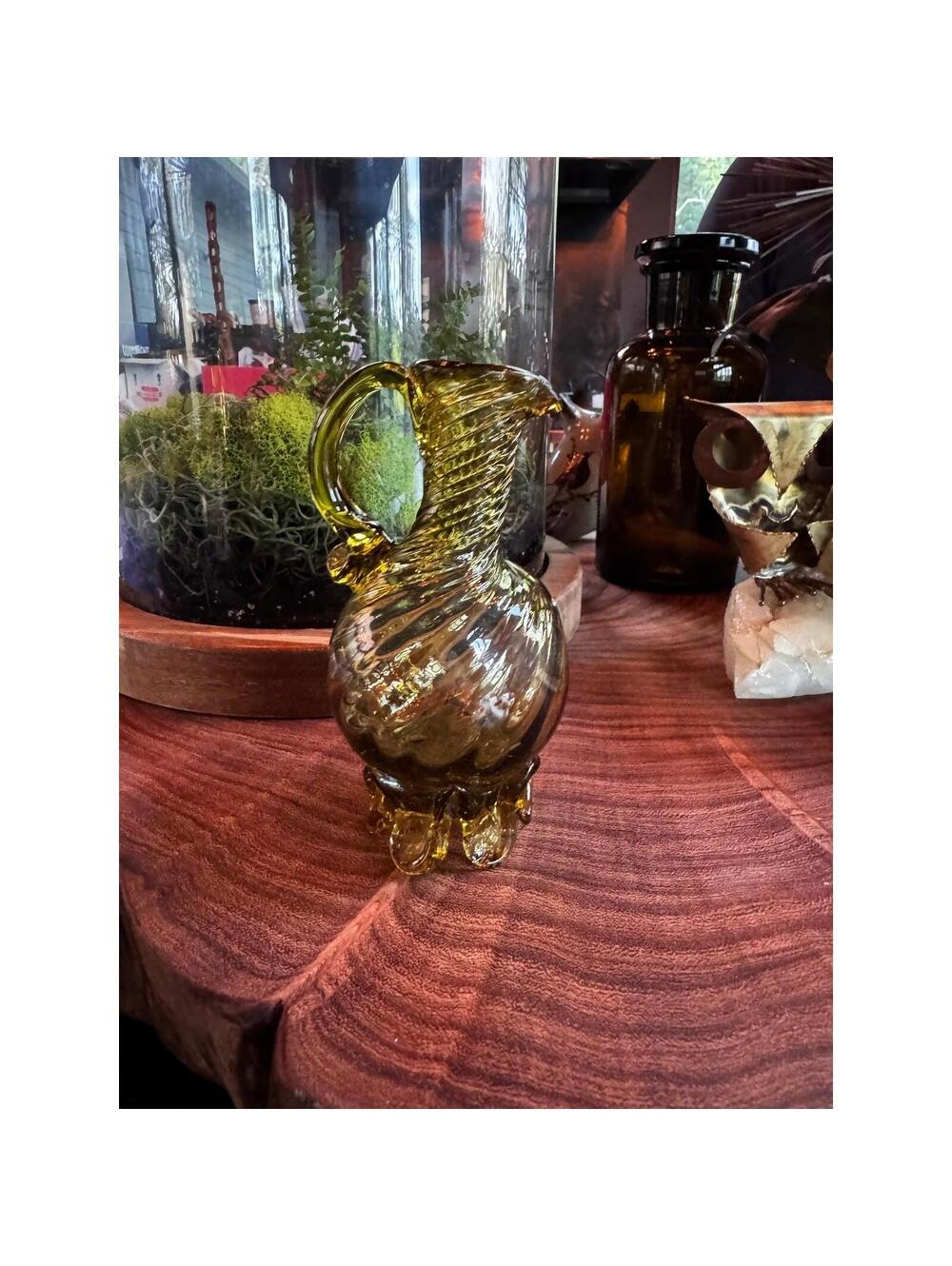 Vintage Amber Swirl Glass Pitcher | Mid Century Hand Blown Art Glass Footed Vase